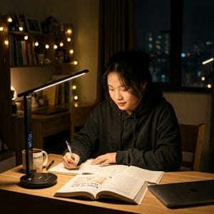Học sinh điều chỉnh độ sáng đèn học LED khi học bài ban đêm