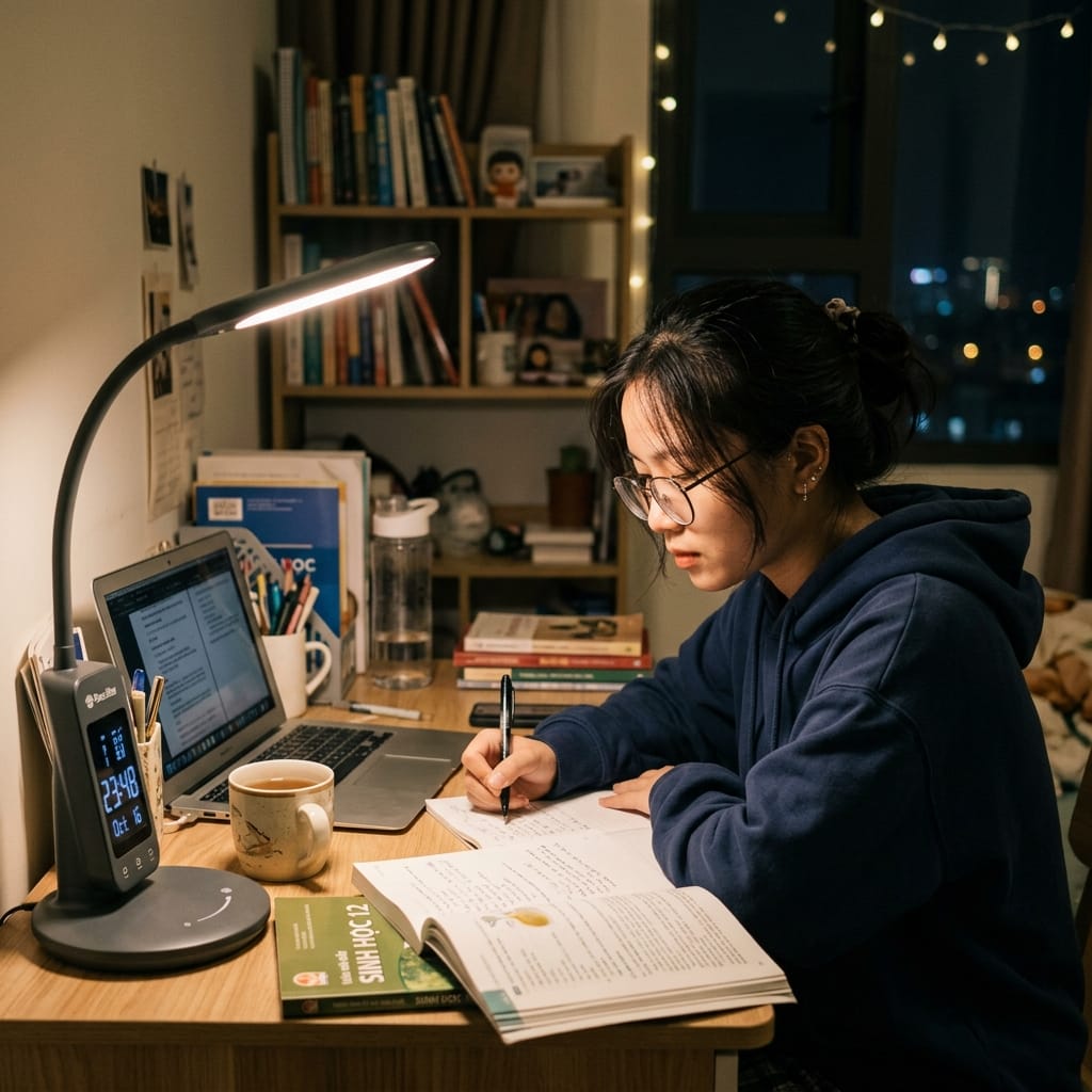Đèn học LED giá rẻ sử dụng trên bàn học ban đêm với ánh sáng dịu