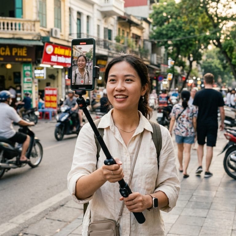 Người dùng quay video bằng điện thoại với tripod selfie chống rung