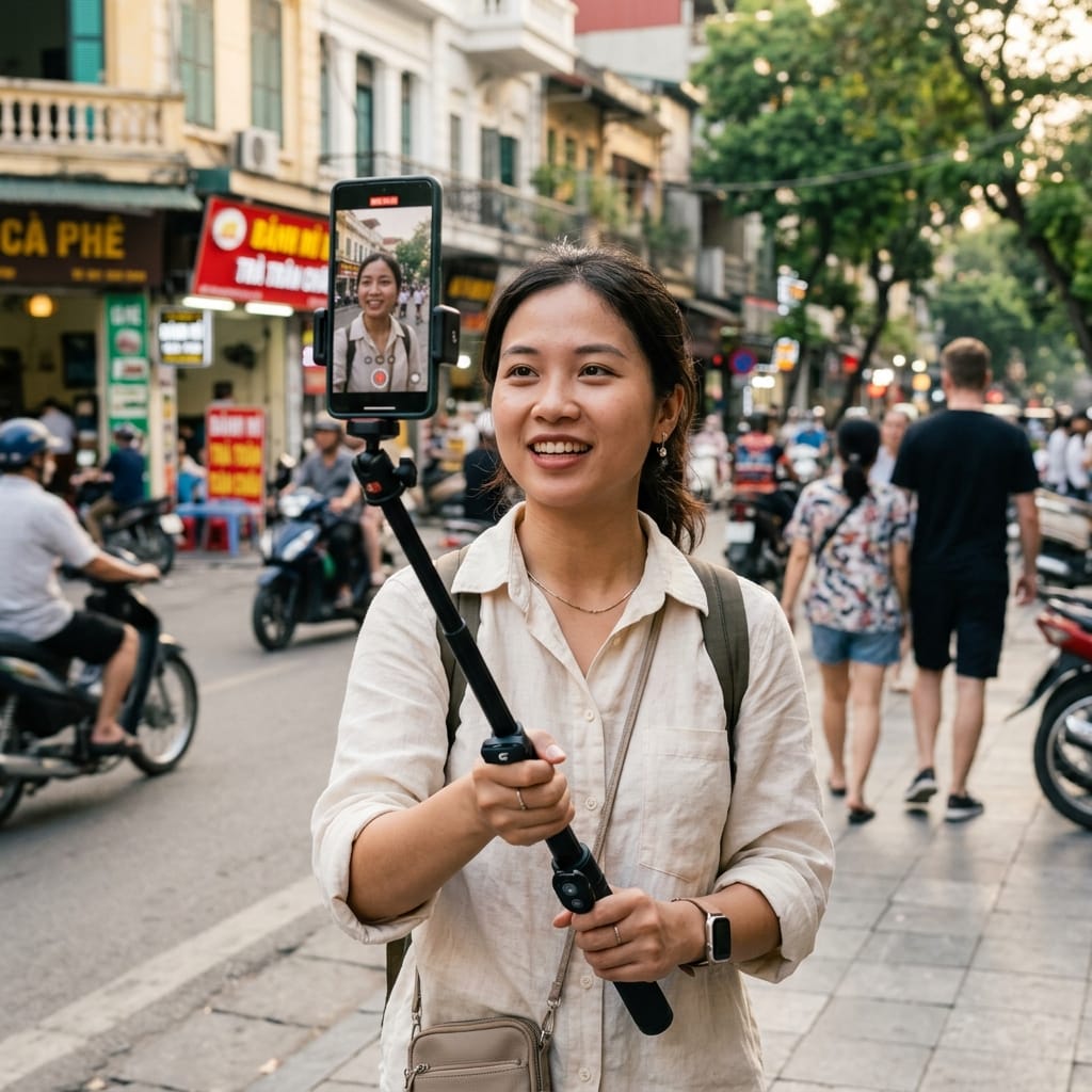 Người dùng quay video bằng điện thoại với tripod selfie chống rung