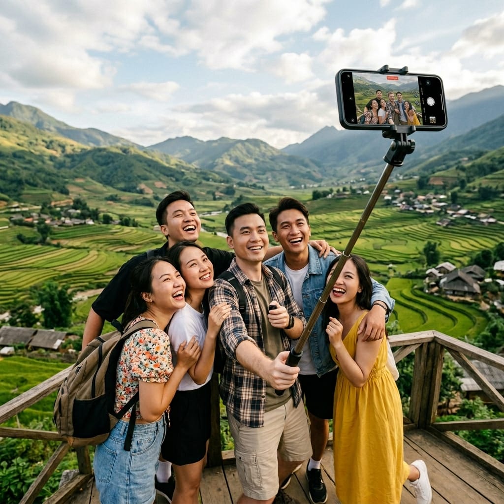 Nhóm bạn chụp ảnh bằng gậy selfie tripod góc rộng ngoài trời