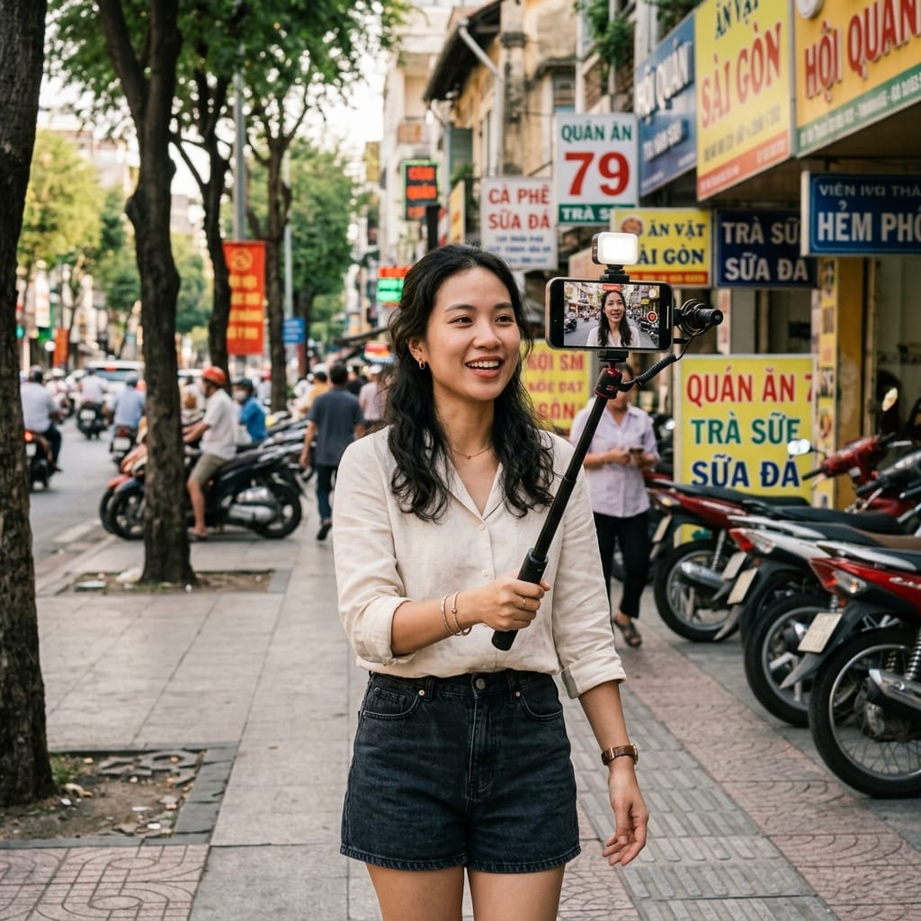 Người dùng quay video điện thoại với tripod selfie chống rung ngoài trời