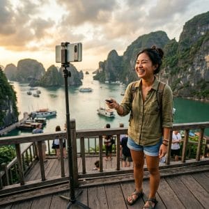 Người dùng chụp ảnh du lịch bằng gậy selfie tripod ngoài trời