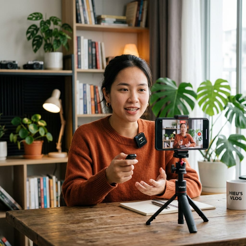 Người dùng tự quay video bằng tripod selfie Bluetooth với điện thoại