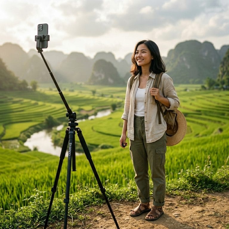 Người dùng chụp ảnh toàn thân bằng gậy selfie tripod ngoài trời