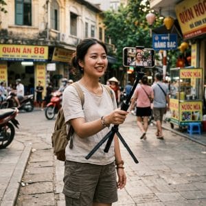 Người dùng sử dụng gậy selfie tripod Bluetooth để chụp ảnh ngoài trời