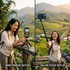 So sánh tripod mini và gậy selfie khi chụp ảnh bằng điện thoại