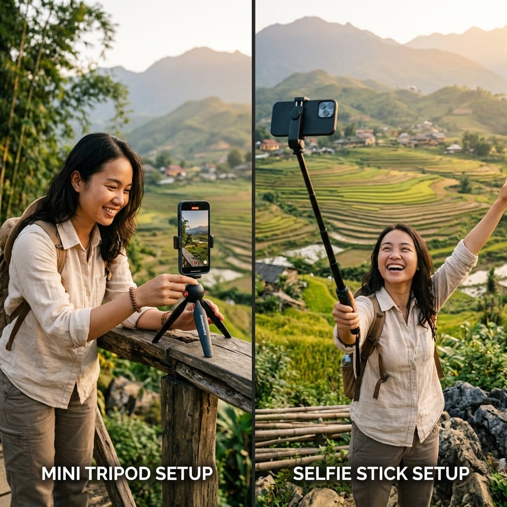 So sánh tripod mini và gậy selfie khi chụp ảnh bằng điện thoại