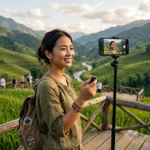 Người dùng sử dụng gậy selfie Bluetooth để chụp ảnh bằng điện thoại