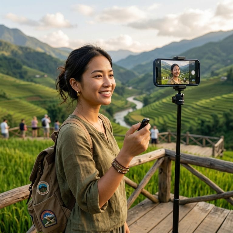 Người dùng sử dụng gậy selfie Bluetooth để chụp ảnh bằng điện thoại