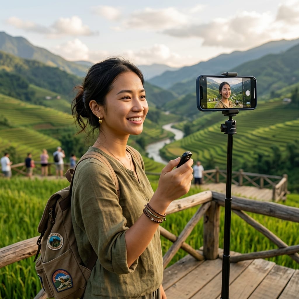 Người dùng sử dụng gậy selfie Bluetooth để chụp ảnh bằng điện thoại
