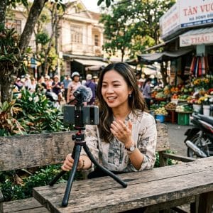 Người dùng sử dụng tripod điện thoại chắc chắn để quay video ngoài trời