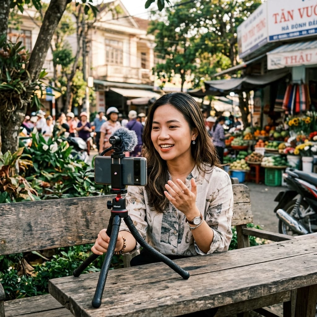 Người dùng sử dụng tripod điện thoại chắc chắn để quay video ngoài trời