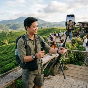 Người dùng sử dụng gậy selfie dài để chụp ảnh du lịch ngoài trời