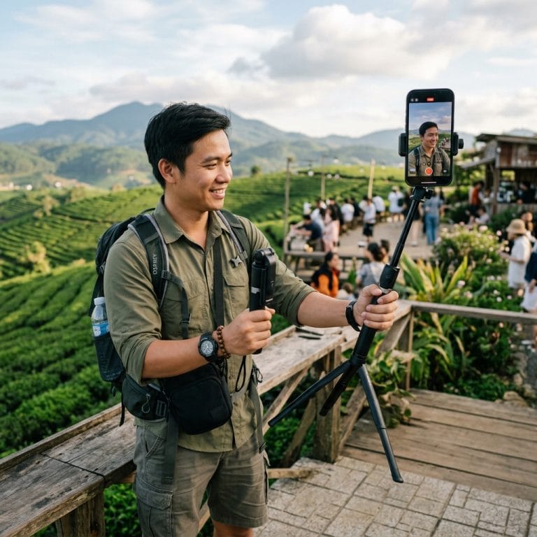 Người dùng sử dụng gậy selfie dài để chụp ảnh du lịch ngoài trời