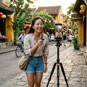 Người dùng chụp ảnh bằng gậy selfie Bluetooth điều khiển từ xa