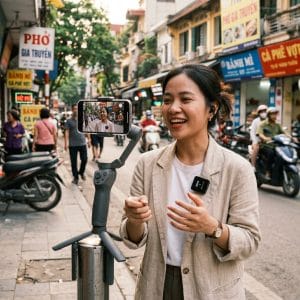 Người dùng quay video bằng gậy selfie tripod 3 chân với điện thoại