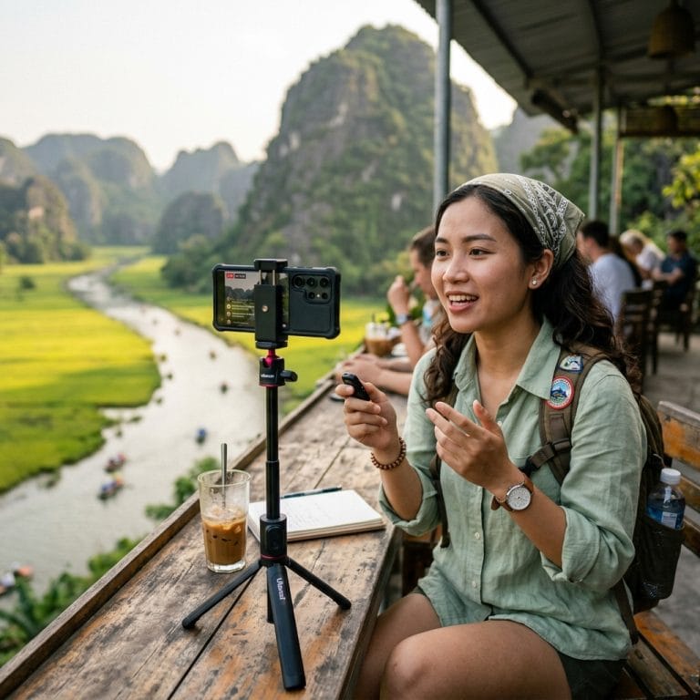 Người dùng sử dụng gậy selfie tripod Bluetooth để quay video ngoài trời