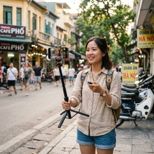 Người dùng quay vlog bằng gậy selfie tripod TSS Bluetooth ngoài trời