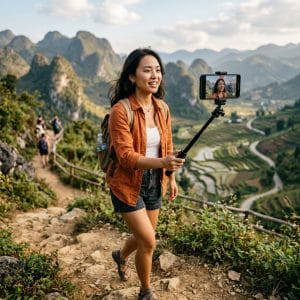 Người dùng sử dụng gậy selfie Bluetooth giá rẻ để quay video du lịch