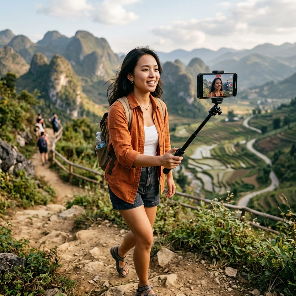 Người dùng sử dụng gậy selfie Bluetooth giá rẻ để quay video du lịch