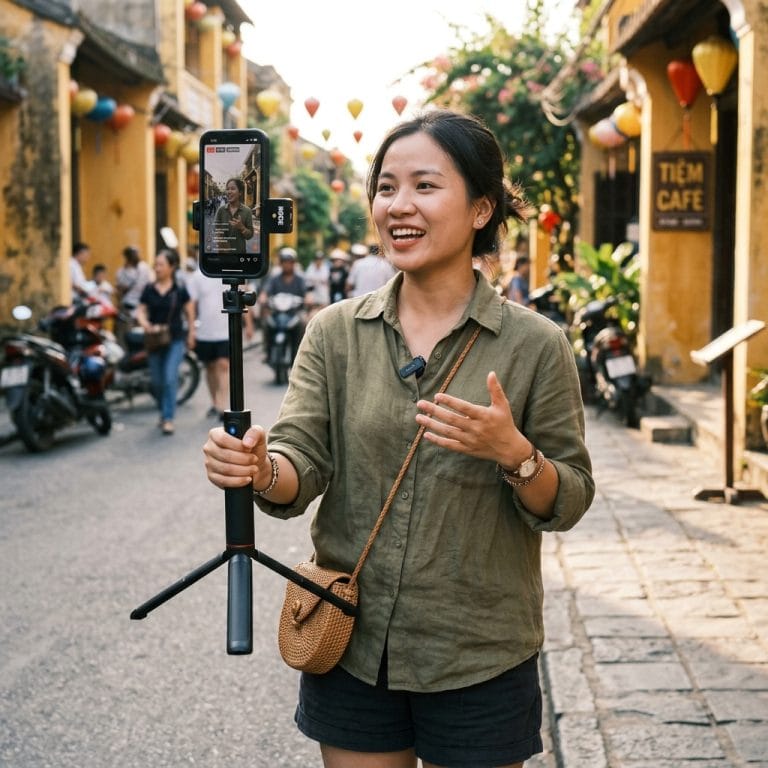 Người dùng quay video bằng tripod điện thoại ngoài trời ổn định
