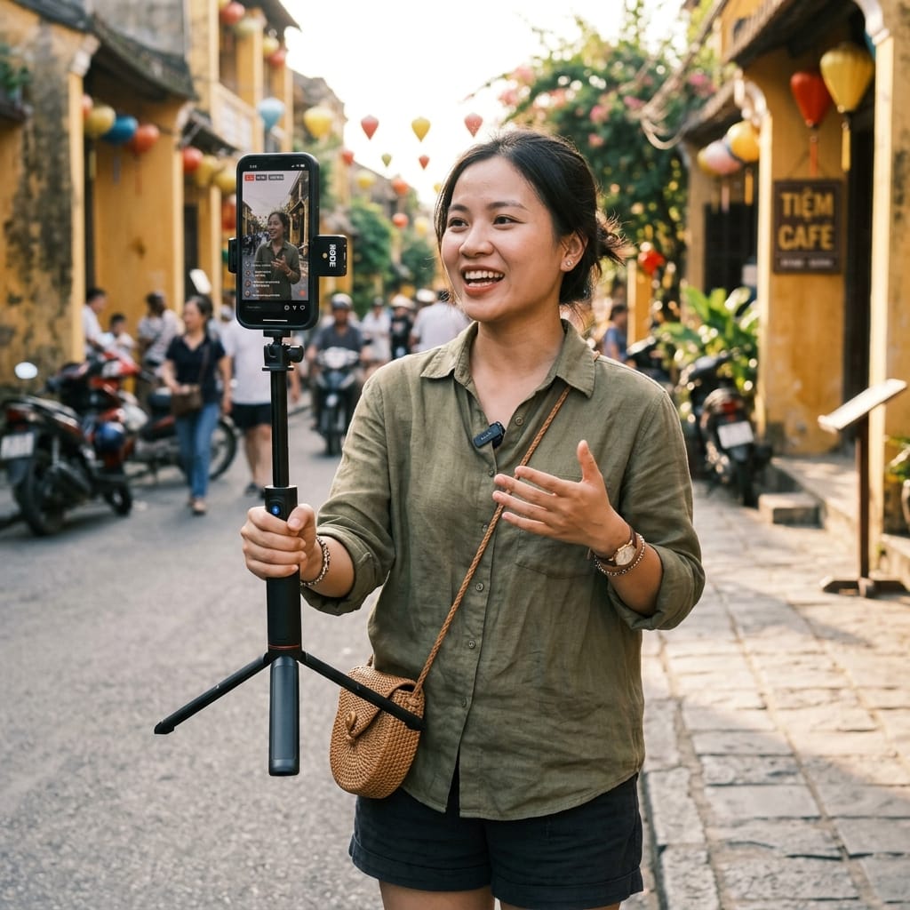 Người dùng quay video bằng tripod điện thoại ngoài trời ổn định
