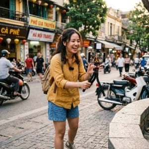 Người dùng sử dụng gậy selfie dài 1m75 để quay vlog ngoài trời
