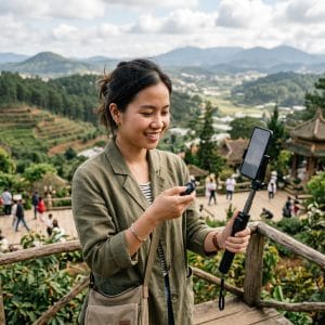 Người dùng kết nối gậy selfie Bluetooth với điện thoại để chụp ảnh