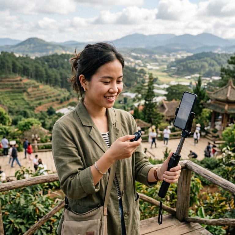 Người dùng kết nối gậy selfie Bluetooth với điện thoại để chụp ảnh