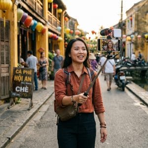 Người dùng sử dụng gậy selfie tích hợp tripod để quay video du lịch