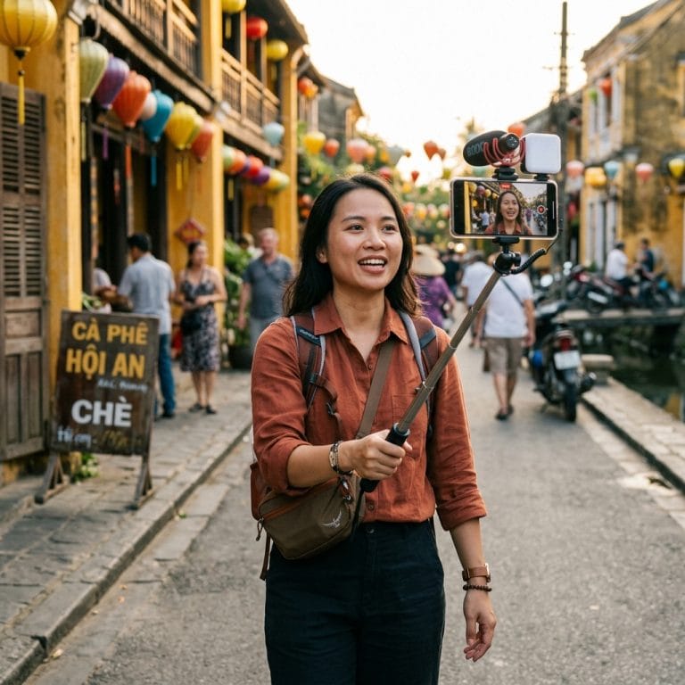 Người dùng sử dụng gậy selfie tích hợp tripod để quay video du lịch