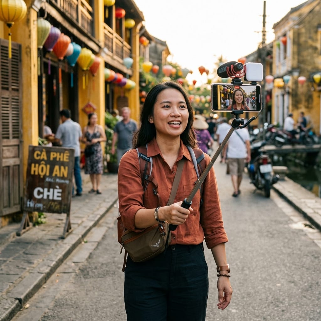 Người dùng sử dụng gậy selfie tích hợp tripod để quay video du lịch