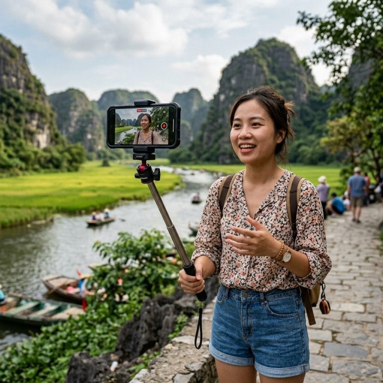 Điện thoại được kẹp chắc trên gậy selfie tripod khi quay video ngoài trời