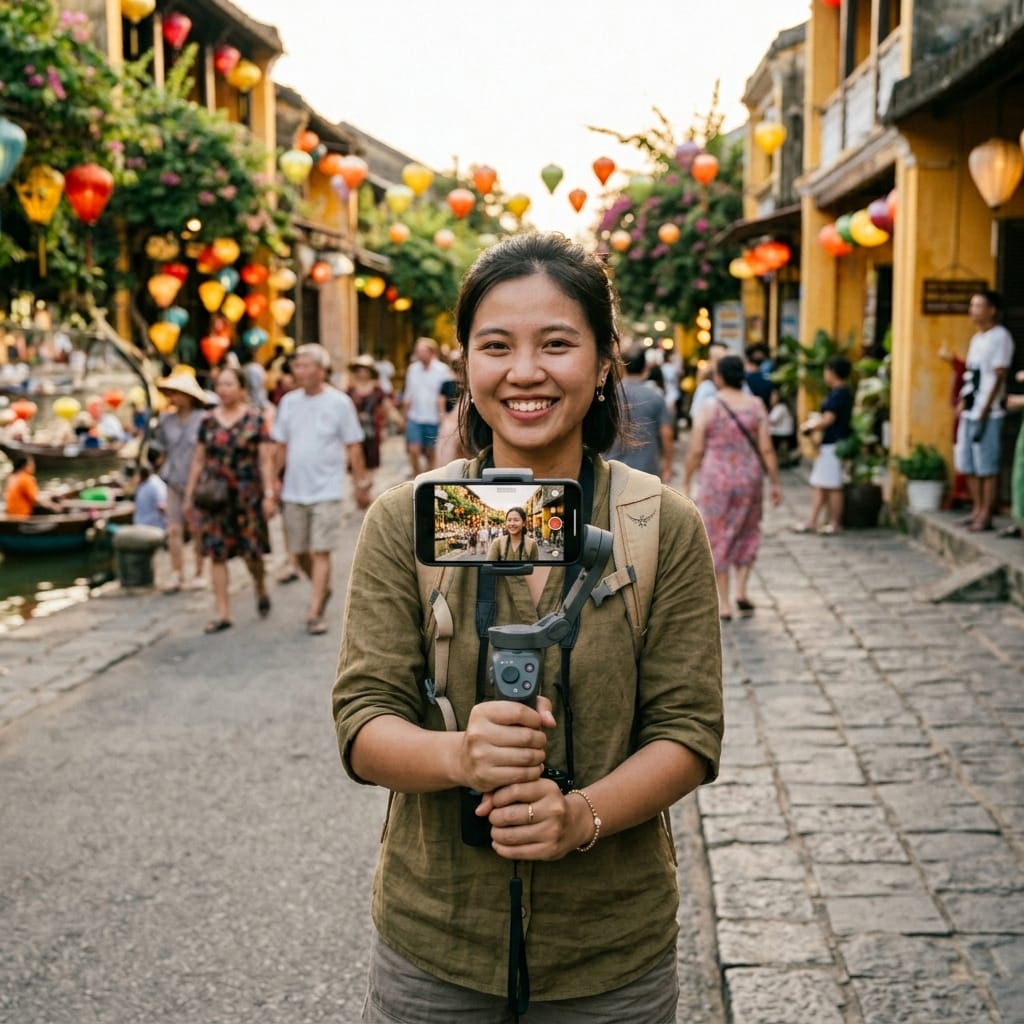 Người dùng chụp ảnh du lịch bằng gậy selfie tripod Bluetooth ngoài trời
