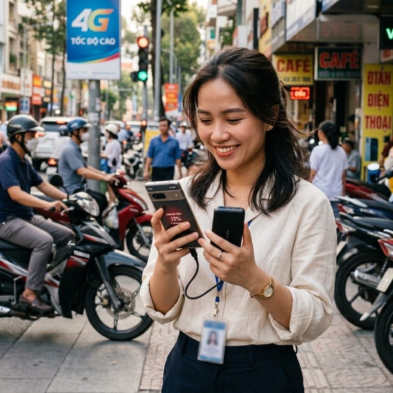 Người dùng sạc điện thoại bằng pin dự phòng khi dùng 4G ngoài đường