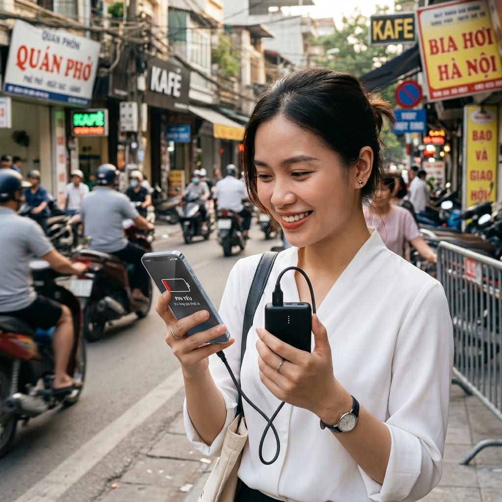 Người dùng sạc điện thoại bằng pin dự phòng khi không có ổ điện