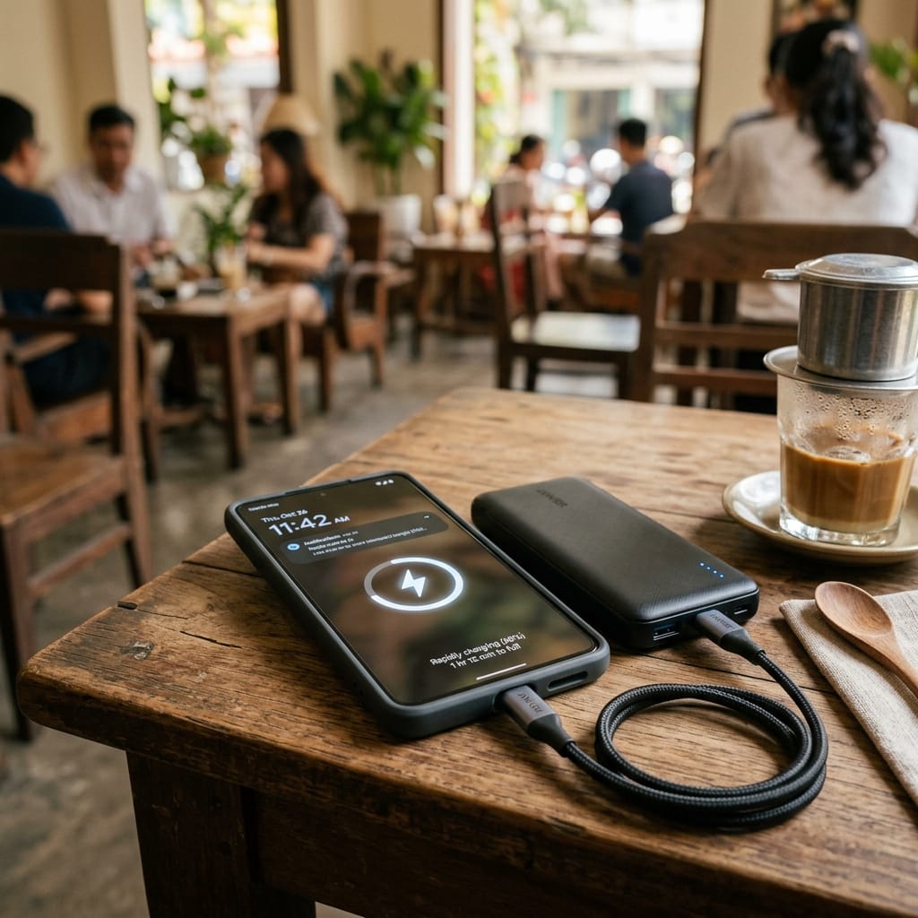 Điện thoại đang sạc bằng pin dự phòng hỗ trợ sạc nhanh PD USB-C