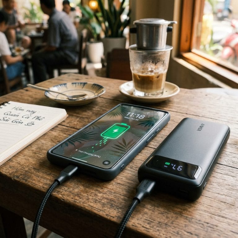 Người dùng điện thoại sạc pin bằng pin dự phòng khi ra ngoài cả ngày