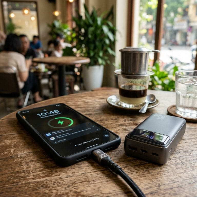 Pin sạc dự phòng 10000mAh đang sạc điện thoại trong quán cà phê