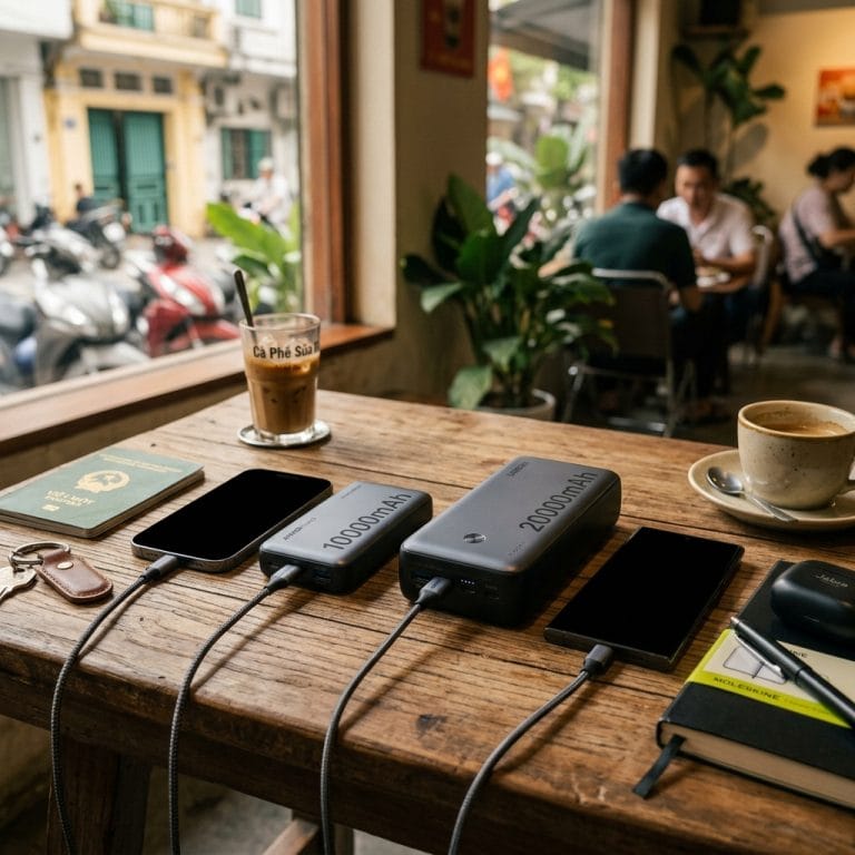 Hai pin dự phòng 10000mAh và 20000mAh đặt cạnh điện thoại thông minh