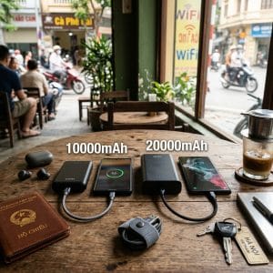 Điện thoại đang sạc nhanh bằng pin dự phòng PD 15W trên bàn cà phê