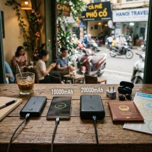 Pin dự phòng nhỏ gọn đang sạc điện thoại an toàn trên bàn làm việc