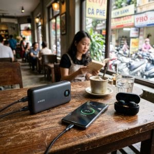 Pin dự phòng nhiều cổng đang sạc điện thoại và tai nghe cùng lúc