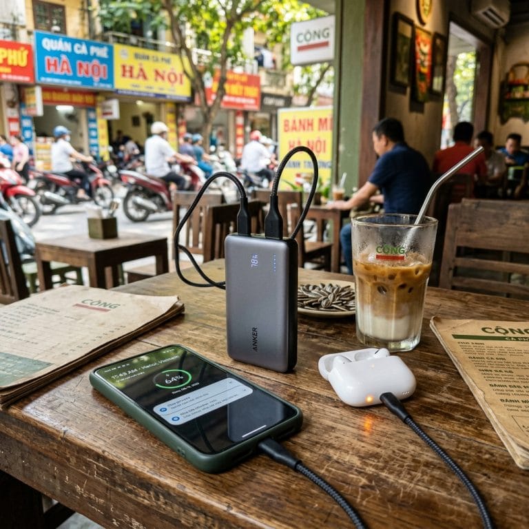 Pin dự phòng đang sạc điện thoại và nhiều thiết bị cùng lúc trên bàn