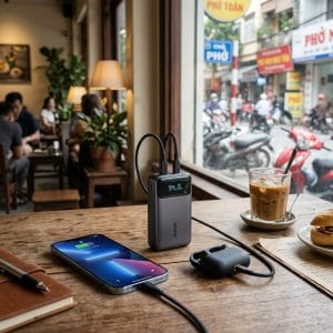 Pin dự phòng đang sạc điện thoại an toàn trên bàn làm việc hiện đại
