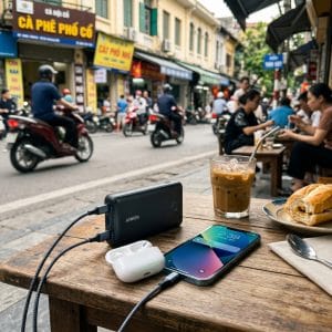 Pin dự phòng Energizer 10000mAh đang sạc điện thoại trên bàn cà phê