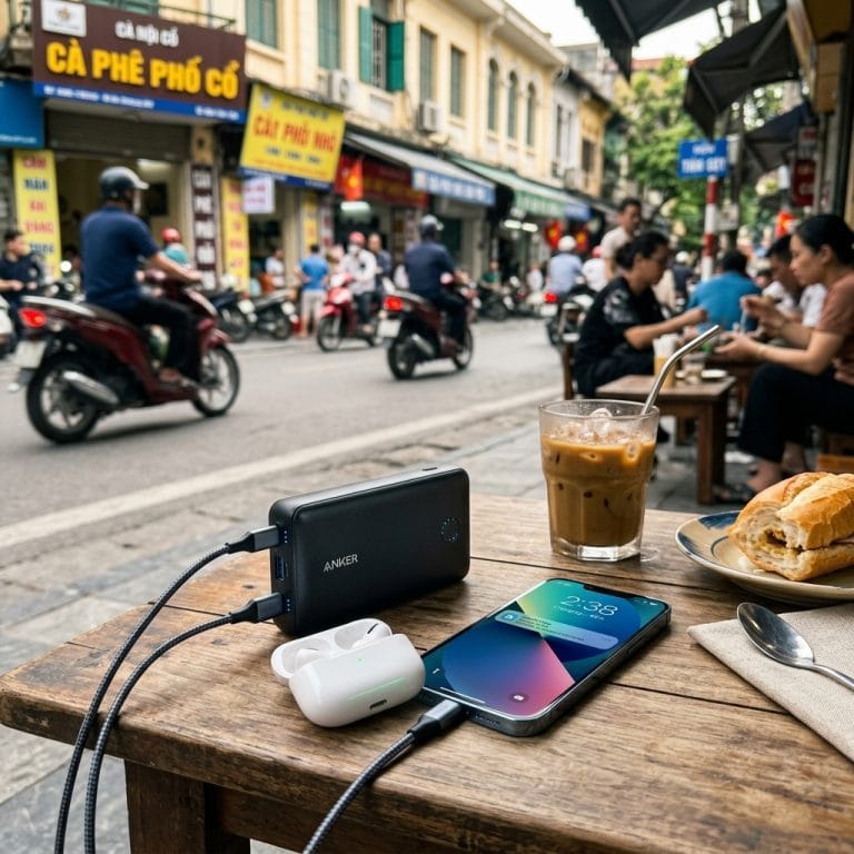 Pin dự phòng Energizer 10000mAh đang sạc điện thoại trên bàn cà phê