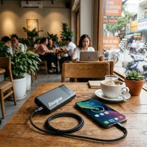 Pin dự phòng Energizer 10000mAh PD 15W đang sạc điện thoại trên bàn