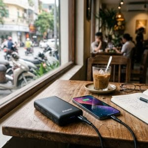 Pin dự phòng 10000mAh đặt cạnh điện thoại trên bàn gỗ hiện đại
